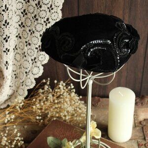 Vintage 1950s Hat, Black Velvet Hat With Bows and Sequins, Millinery